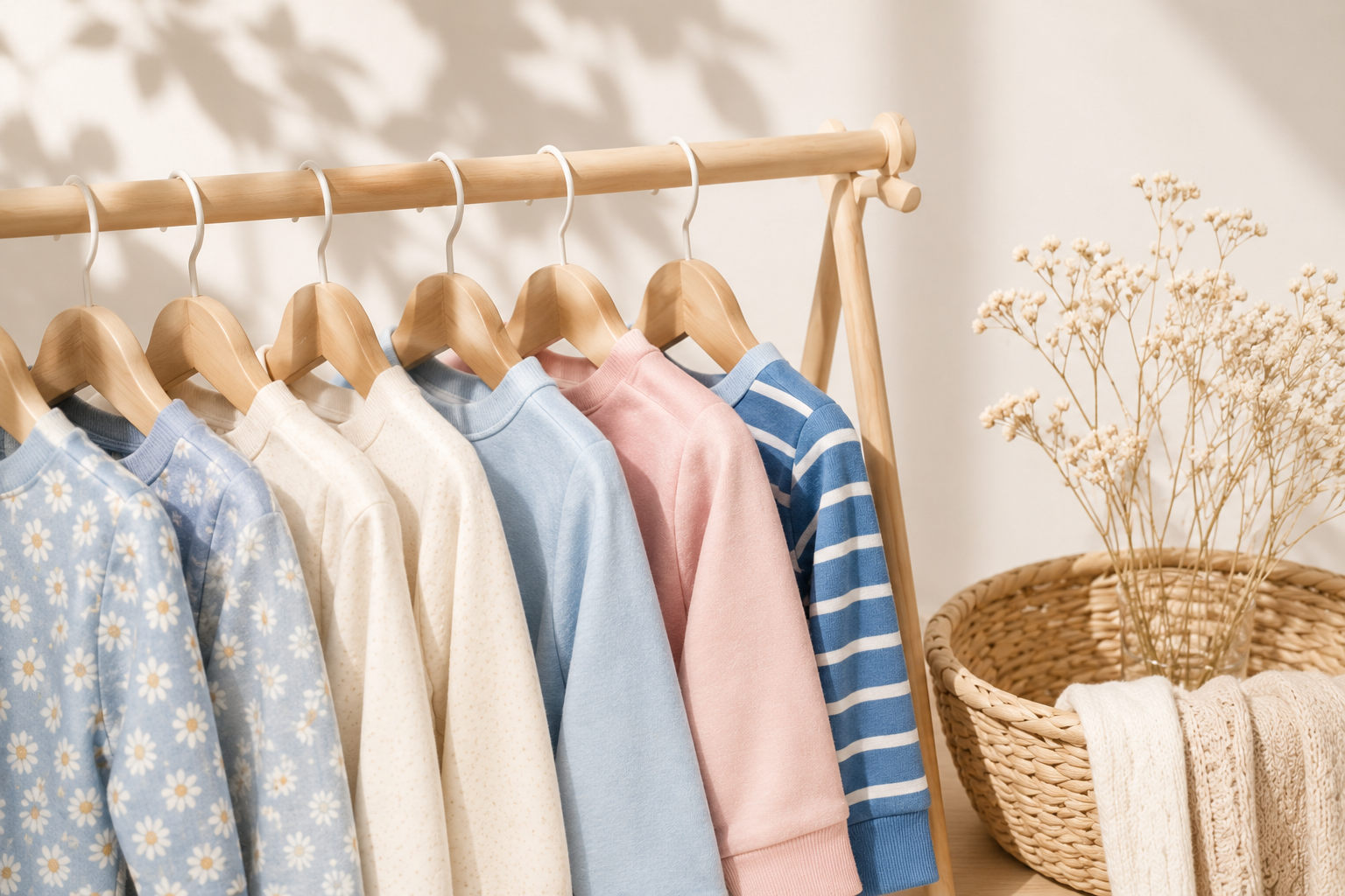 A wooden rack of Little Dean children's clothing, soft cottons in cream, blue, pink, and a daisy print, hung on light wooden hangers in morning light.